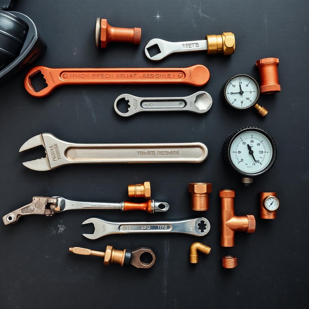 Professional plumbing tools laid out on workbench